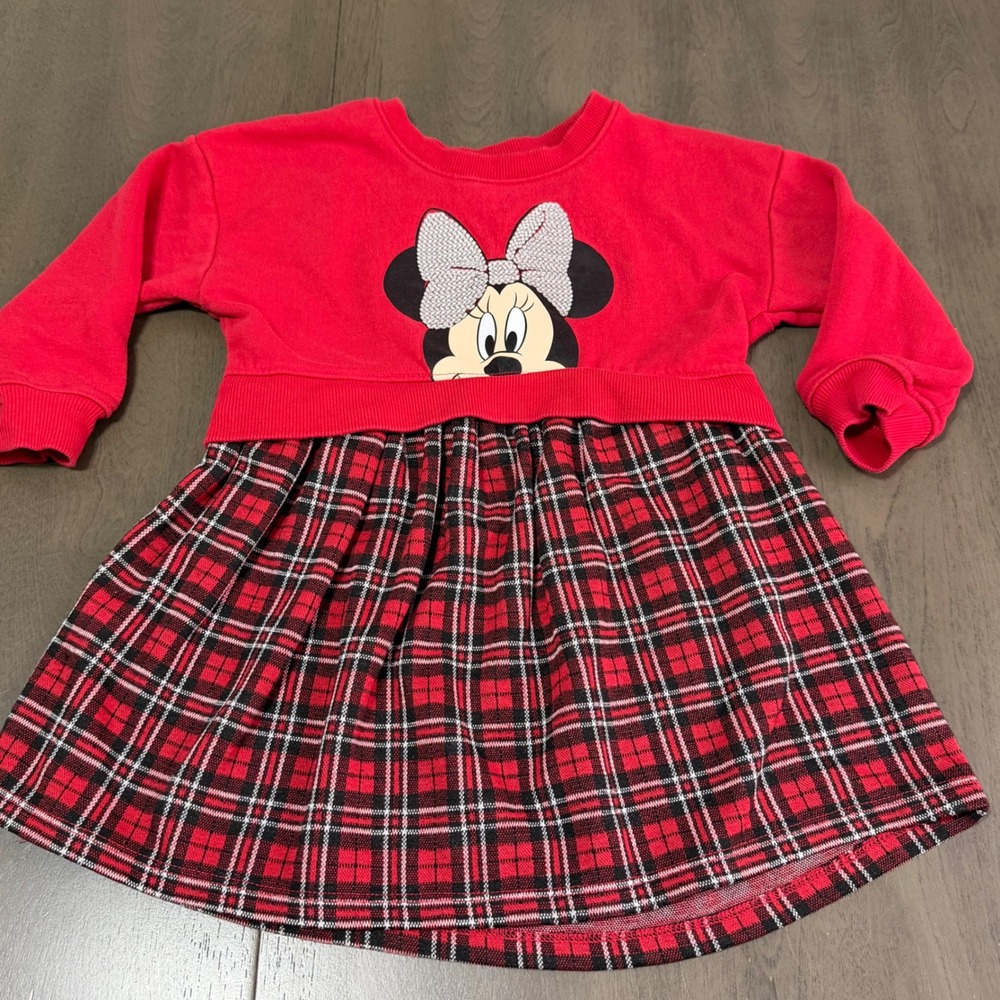 Disney Minnie Mouse Red Plaid Sweatshirt Dress Toddler Girl 3T Christmas Holiday